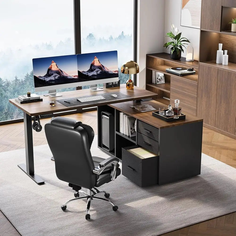 55 L-Shaped Electric Standing Desk with Drawers, Adjustable Height, 4 Memory Presets, Walnut Finish