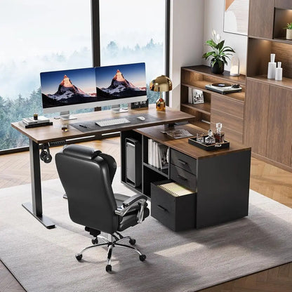 55 L-Shaped Electric Standing Desk with Drawers, Adjustable Height, 4 Memory Presets, Walnut Finish