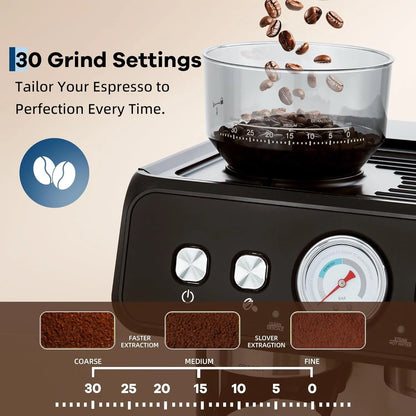 Stainless Steel Espresso Machine with Grinder 20 Bar ＆ 2.8l Removable Tank