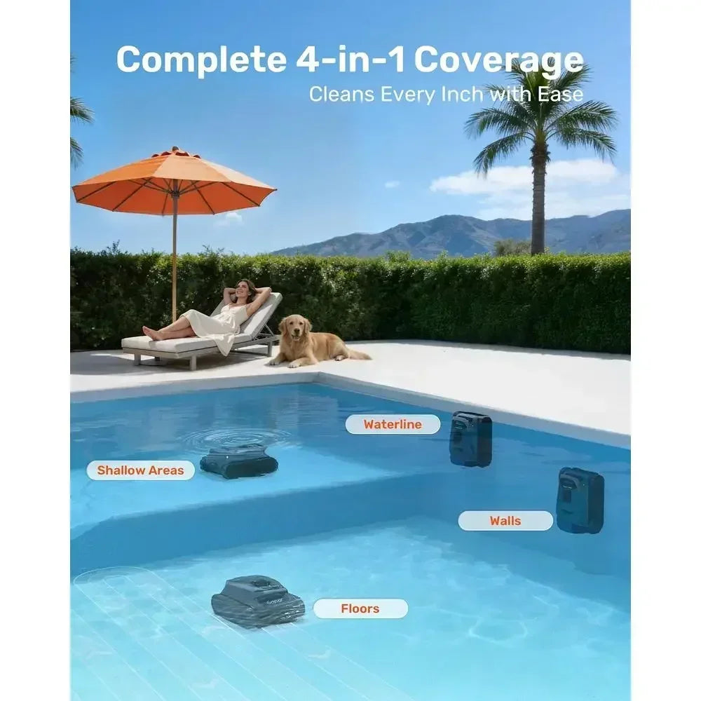 Pool Vacuum Cleaner with Wall & Waterline Cleaning, Dual Filtration, 150-200 Min Battery Life, Smart Navigation, Grey