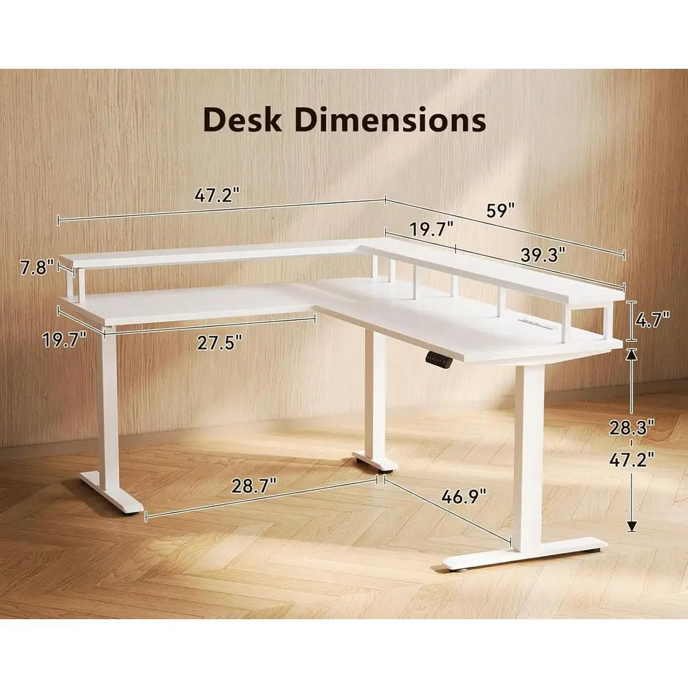 59 L-Shaped Electric Desk with Monitor Stand, 3 Memory Settings, White | Ideal for Home Office, Computer Workstation
