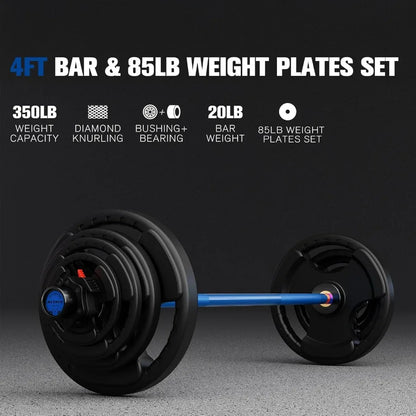 Barbell Weight Set - 4FT Barbell with 85LB Weight Plates, Weightlifting Equipment for Squats,Curls,Deadlifts,Presses,Hip Thrusts