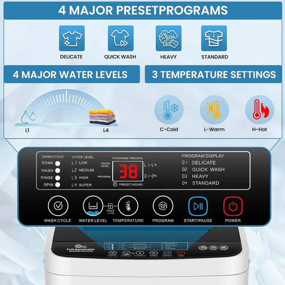 Portable Washing hine or Aparent, 20Lbs Hot Cold Water Inlet | Portable Washer Dryer Combo, Drain Pump, 3 Temp, 4 Prog4 Water Le