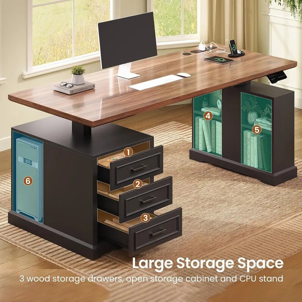 armhouse Electric Standing Desk, 63" Height Adjustable Computer Desk with 3 Ders, Storage Shelves, Power Outlets, Wood Home Oice