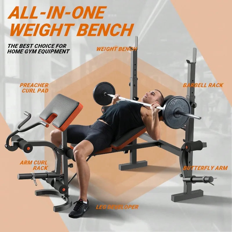 Large Fitness Equipment Bench Press Set With Leg Extension, 6 In 1 Weight Bench For Home Gym, Adjustable Workout Bench With Rack & Preacher Pad, Full Body Flat Incline Bench For Weight Lifting