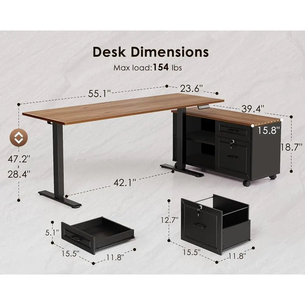 55 Inch L Shaped Electric Standing Desk with Ders & ile Cabinet Sets, Executive Sit Stand Desk, Height Adjustable Computer Desk