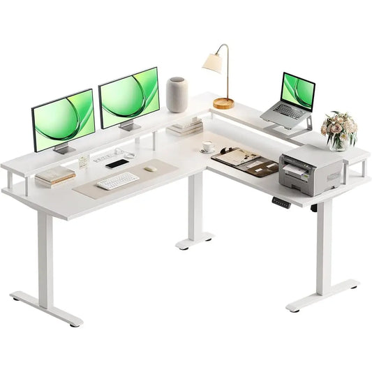 59 L-Shaped Electric Desk with Monitor Stand, 3 Memory Settings, White | Ideal for Home Office, Computer Workstation
