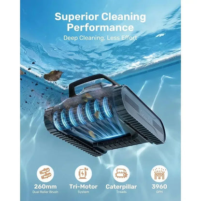 Pool Vacuum Cleaner with Wall & Waterline Cleaning, Dual Filtration, 150-200 Min Battery Life, Smart Navigation, Grey