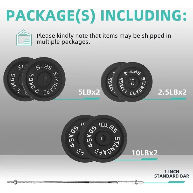 Large Fitness Equipment Cast Iron Weight Plates Set with 5FT Barbell & Star Locks - 45 lbs Total