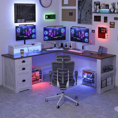 59 LED-lit L-Shaped Desk with Adjustable Stand, Power Outlets, Home Office & Gaming, Antique White Executive Desk