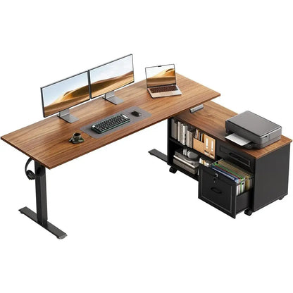 55 Inch L Shaped Electric Standing Desk with Ders & ile Cabinet Sets, Executive Sit Stand Desk, Height Adjustable Computer Desk