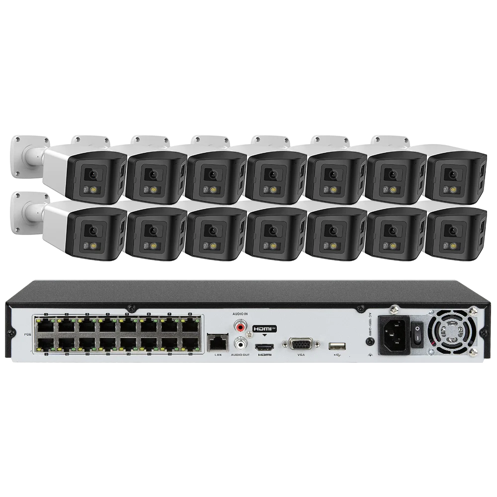 16ch POE NVR Dual-Lens Security Camera 180° Panorama Turret Color Night Vision Human/Vehicle IP67 H.265 Surveillance 2 Way Voice