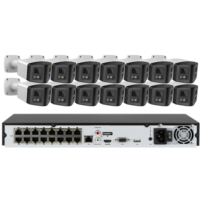 16ch POE NVR Dual-Lens Security Camera 180° Panorama Turret Color Night Vision Human/Vehicle IP67 H.265 Surveillance 2 Way Voice