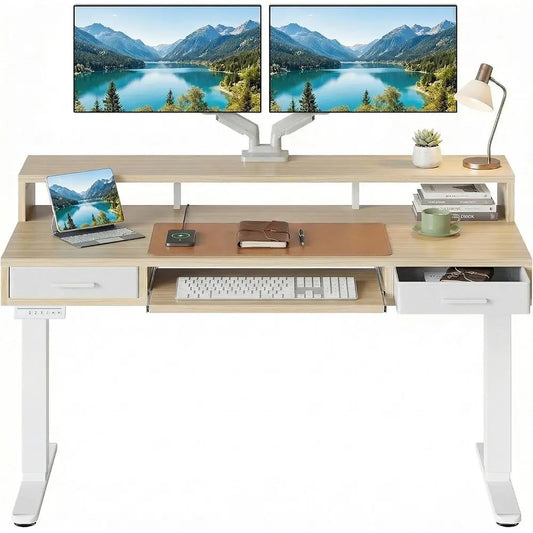 55″ x 26″ Electric Standing Desk with 2 Ders &24.4″ Large Keyboard Tray, C-Clamp Mount Compatible, Adjustable Computer Desk or O