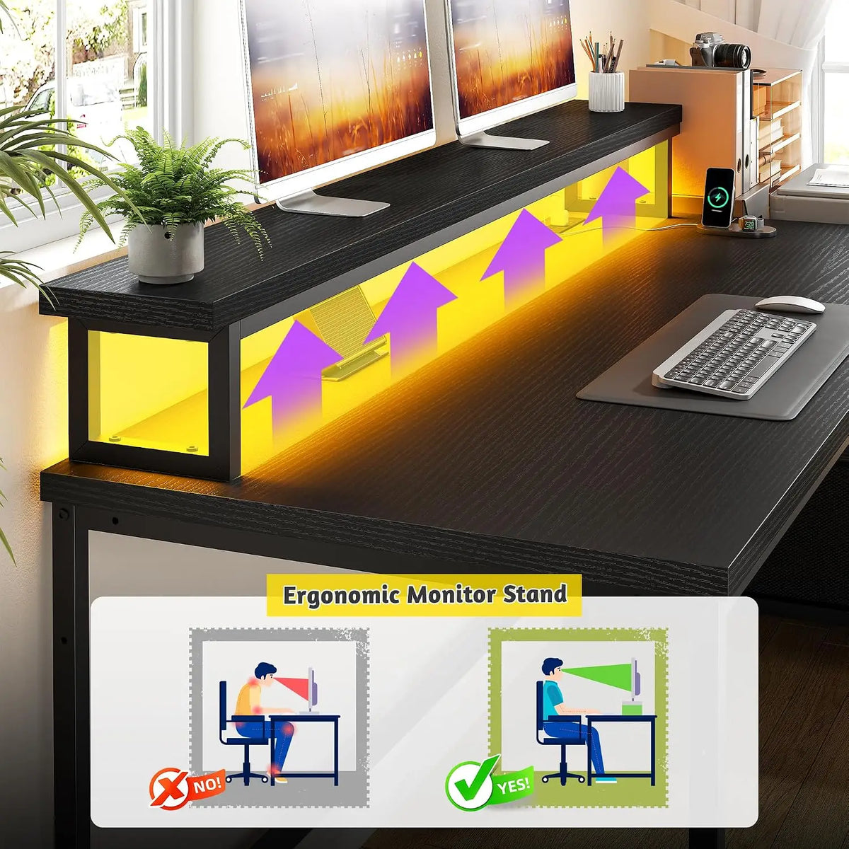 Gaming Desk with Monitor Stand,Computer Desk with LED Lights &Power Outlets,Office Desk with Drawers & Printer, Customized