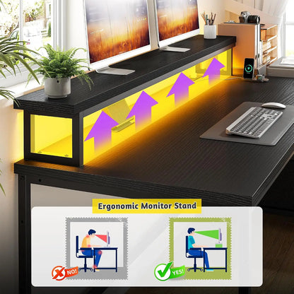 Gaming Desk with Monitor Stand,Computer Desk with LED Lights &Power Outlets,Office Desk with Drawers & Printer, Customized