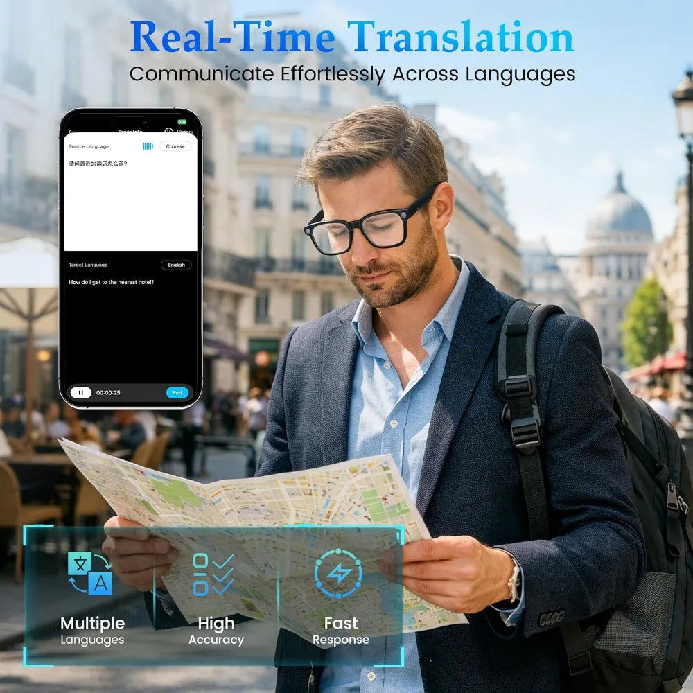 8MP Camera Smart Glasses: 1080P Video, HD Photos, Open-Ear Audio, Photochromic Lenses, AI Assistant, Translation