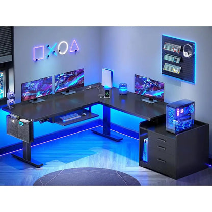 L Shaped Electric Standing Desk with ile Cabinet, 63 x 53'' Height Adjustable Home Oice Computer Desk with Ders, Power Outlet, S