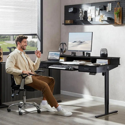 55x24 Inches Electric Standing Desk with Keyboard Tray, Height Adjustable Stand up Desk with 2 Ders, Ergonomic Sit to Stand Desk