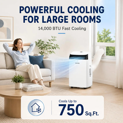 14000 BTU Portable Air Conditioners with Built-in Cool, Dehumidifier, Fan, Sleep Mode, 4-in-1 Compact Mobile AC Unit, Window Exhaust Kit 24H Timer