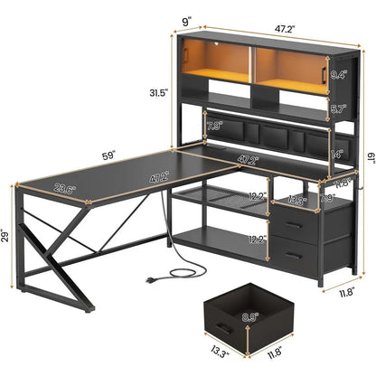 L Shaped Gaming Desk, Home Oice Computer Desk with 2 Der and Bookshel, L Shaped Gaming Desk with LED Light, Glass Cabinet and St