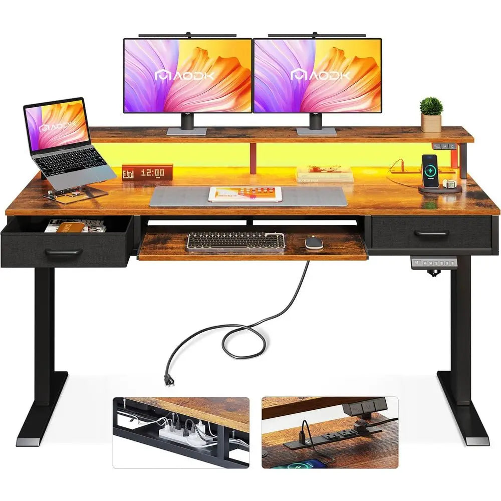 Electric Standing Desk with Ders & Keyboard Tray, 55 Inch Height Adjustable Gaming Desk with Power Outlets & LED Lights, Sit Sta