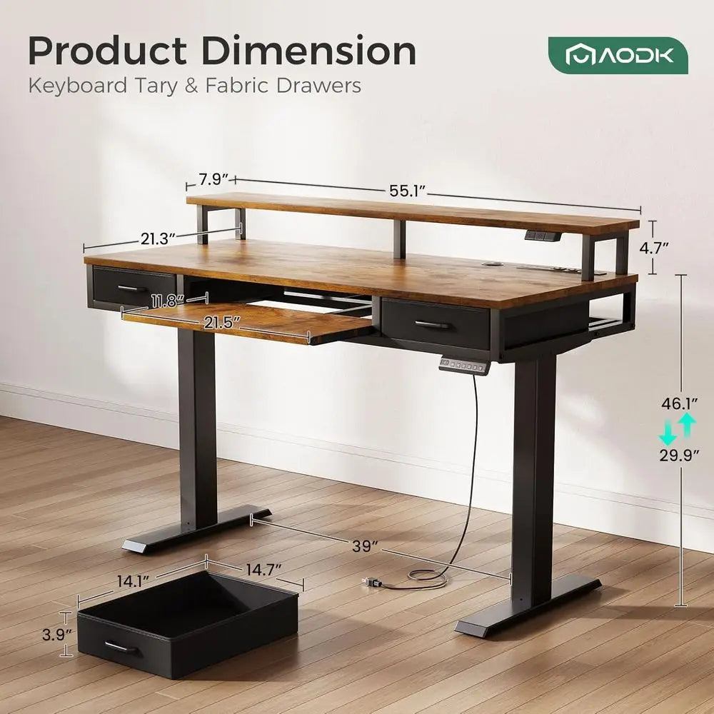 Electric Standing Desk with Ders & Keyboard Tray, 55 Inch Height Adjustable Gaming Desk with Power Outlets & LED Lights, Sit Sta