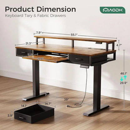 Electric Standing Desk with Ders & Keyboard Tray, 55 Inch Height Adjustable Gaming Desk with Power Outlets & LED Lights, Sit Sta