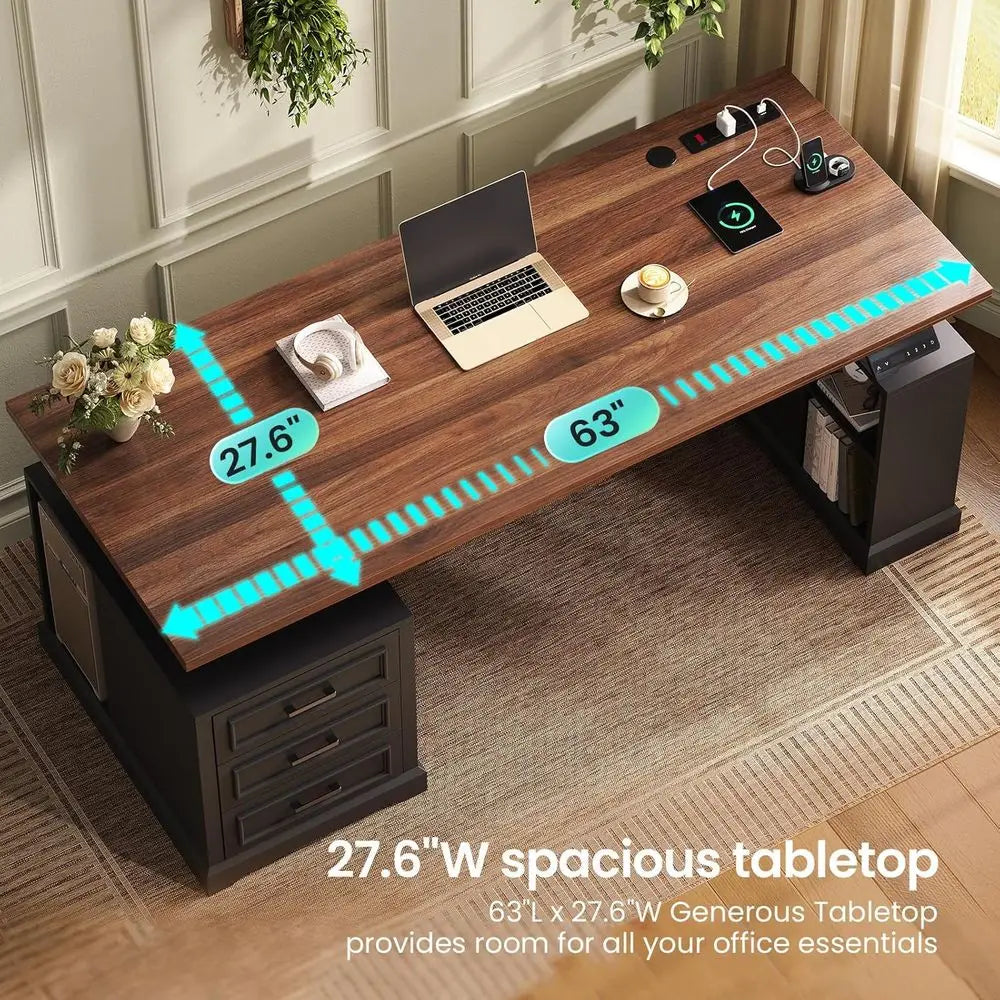 armhouse Electric Standing Desk, 63" Height Adjustable Computer Desk with 3 Ders, Storage Shelves, Power Outlets, Wood Home Oice