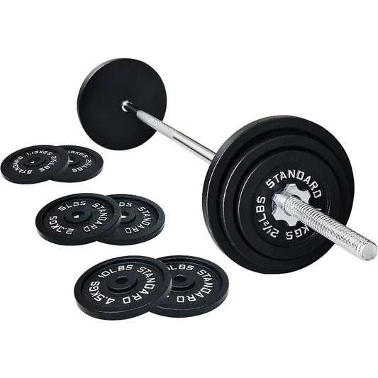 Large Fitness Equipment Cast Iron Weight Plates Set with 5FT Barbell & Star Locks - 45 lbs Total