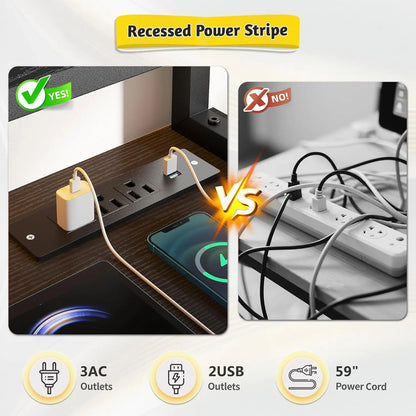 Gaming Desk with Monitor Stand,Computer Desk with LED Lights &Power Outlets,Office Desk with Drawers & Printer, Customized