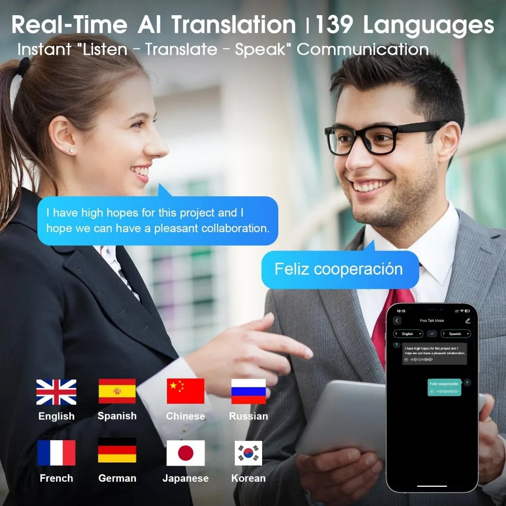 Smart Glasses for Travel: 8MP Camera, Real-Time Translation, Waterproof, Object Recognition