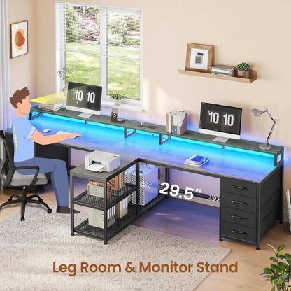 94.5" 2 Person Gaming Desk, Long Oice Computer Desk with 8 Ders & LED Lights, Two Person Desk with Storage, Power Strip & Monito