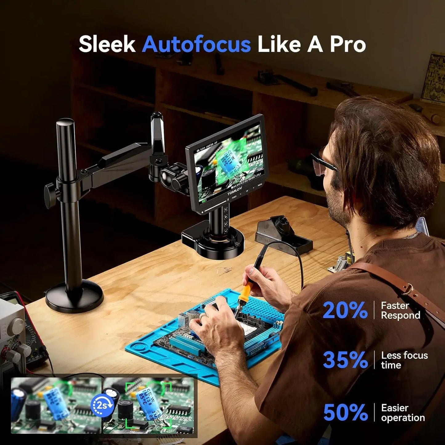 TOMLOV 4K Digital Microscope Autofocus 2000X 8" TM4K-AF Flex Arm HDMI Electronics Soldering Microscope for Mobile Phone Repair