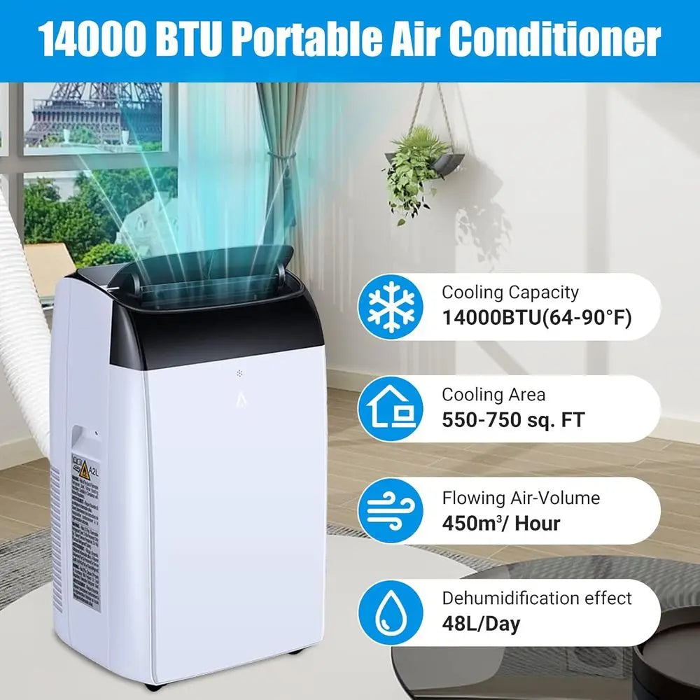 14000 BTU Portable Air Conditioner Cools 750 Sq. Ft., 3-in-1 Quiet Unit with Remote, Auto Swing, 24H Timer for Large Rooms