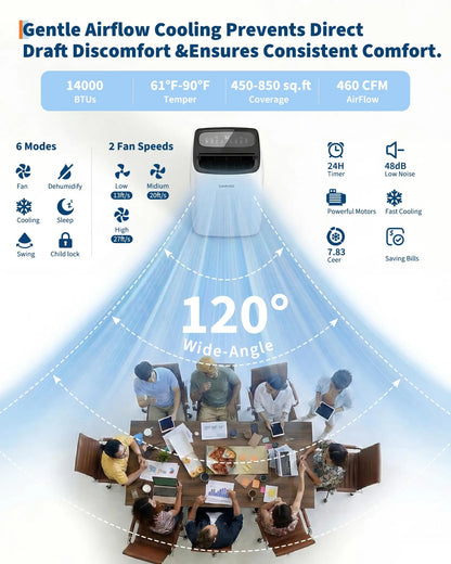 14000 BTU Portable Air Conditioner 4-in-1 Cool Dry Swing Fan Portable AC Unit with Remote LCD Display Child Lock Quiet Operation Fast Cooling Air Purification Dehumidifier Combo for Home Room Up to 800 Sq Ft