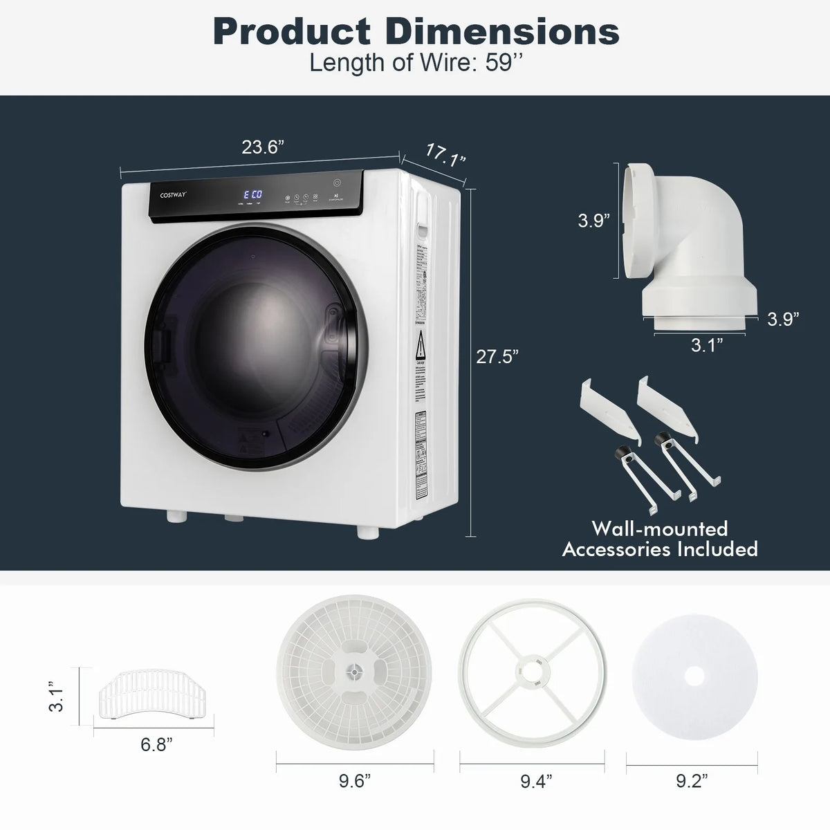 1400W Electric Tumble Compact Laundry Dryer Stainless Steel Tub 8.8lbs /2.6cu.ft