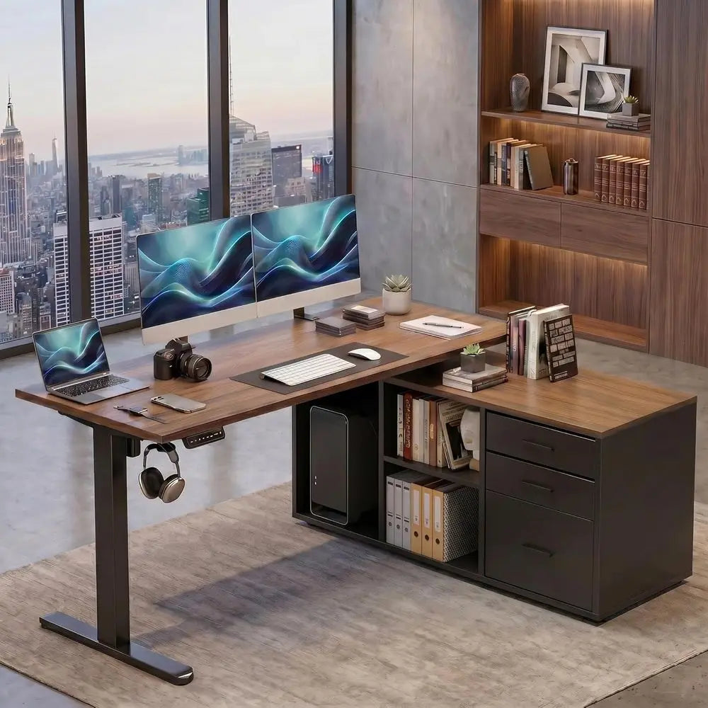 55 L-Shaped Electric Standing Desk with Drawers, Adjustable Height, 4 Memory Presets, Walnut Finish