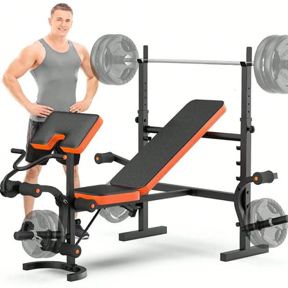 Large Fitness Equipment Bench Press Set With Leg Extension, 6 In 1 Weight Bench For Home Gym, Adjustable Workout Bench With Rack & Preacher Pad, Full Body Flat Incline Bench For Weight Lifting