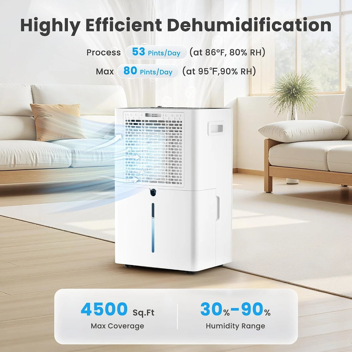 4500 Sq.Ft Dehumidifier for Basement,80 Pints Dehumidifiers for Home,Continuous/Sleep/Auto Mode,1.35 Gal Water Tank with Drain Hose,Portable & Wifi
