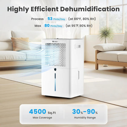 4500 Sq.Ft Dehumidifier for Basement,80 Pints Dehumidifiers for Home,Continuous/Sleep/Auto Mode,1.35 Gal Water Tank with Drain Hose,Portable & Wifi