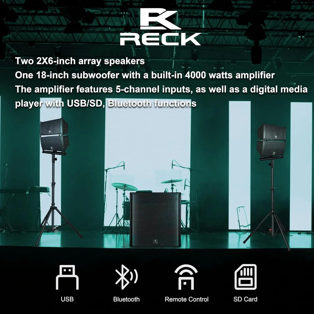 PRORECK 4000W PMPO Line Array and 18 inch Active Subwoofer Powered PA System Bluetooth/USB/SD/Remote Control for DJs,BandsEvents
