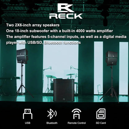 PRORECK 4000W PMPO Line Array and 18 inch Active Subwoofer Powered PA System Bluetooth/USB/SD/Remote Control for DJs,BandsEvents