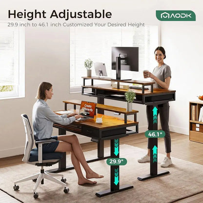 Electric Standing Desk with Ders & Keyboard Tray, 55 Inch Height Adjustable Gaming Desk with Power Outlets & LED Lights, Sit Sta
