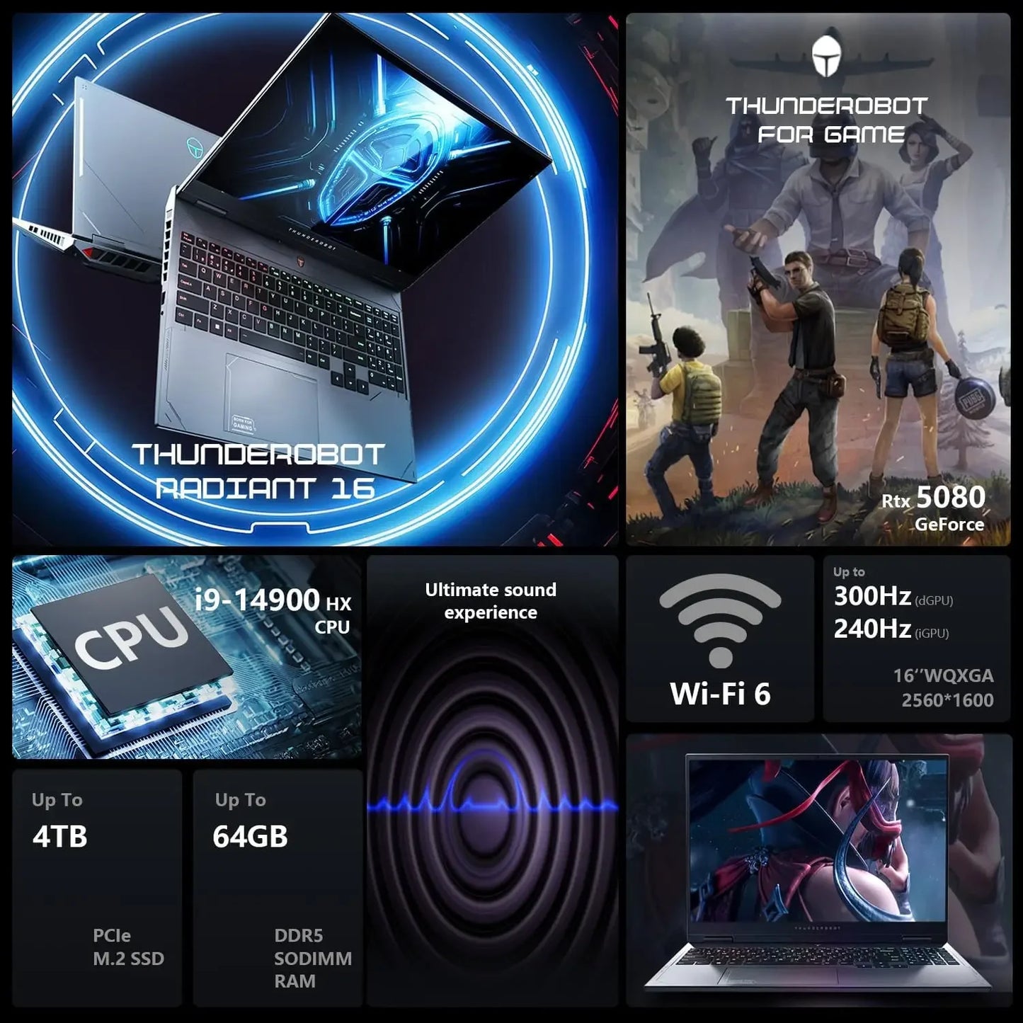 Thunderobot Radiant 16 i9 5080 2.5K Gaming Laptop,  Intel Core i9-14900HX, GeForce RTX 5080, 64GB DDR5, 2TB SSD, RGB Backlit