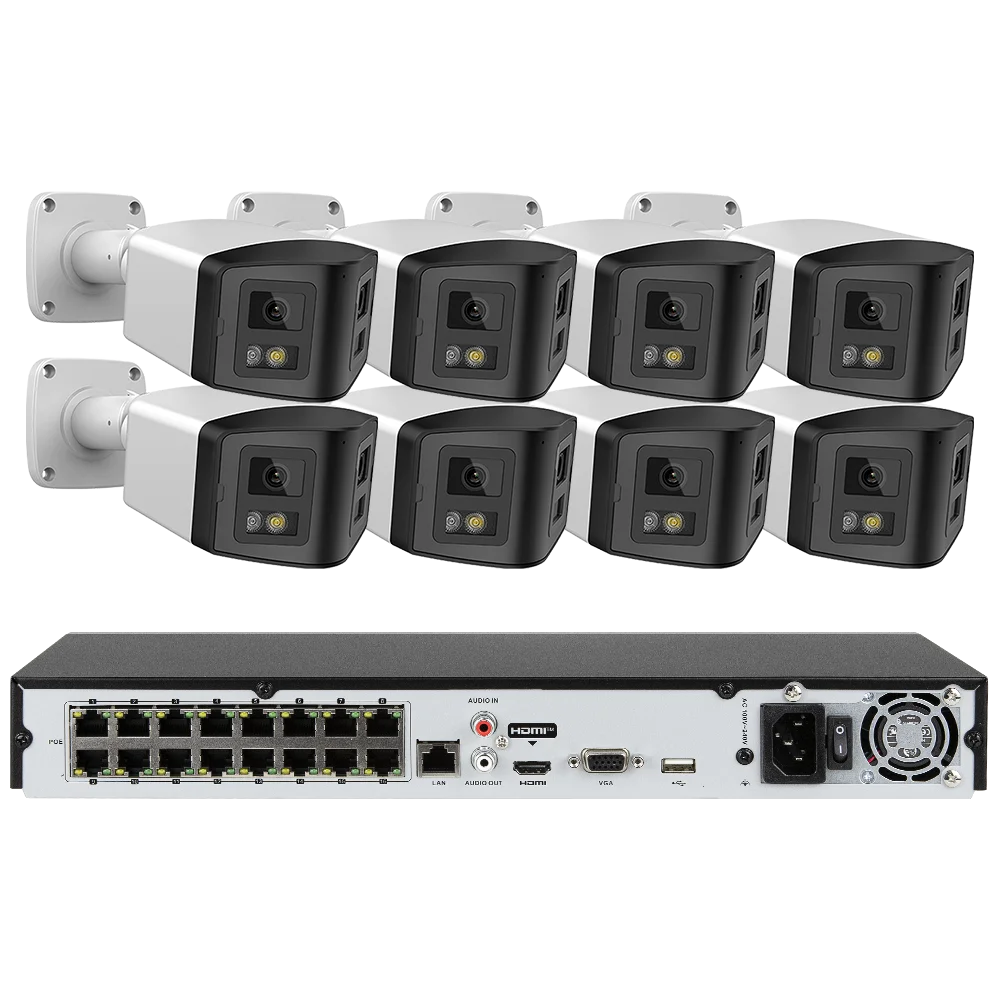 16ch POE NVR Dual-Lens Security Camera 180° Panorama Turret Color Night Vision Human/Vehicle IP67 H.265 Surveillance 2 Way Voice