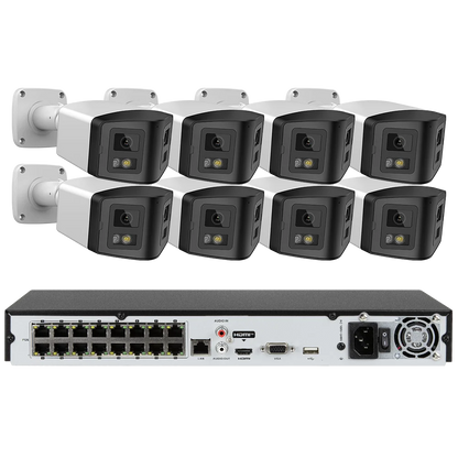 16ch POE NVR Dual-Lens Security Camera 180° Panorama Turret Color Night Vision Human/Vehicle IP67 H.265 Surveillance 2 Way Voice