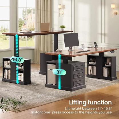 armhouse Electric Standing Desk, 63" Height Adjustable Computer Desk with 3 Ders, Storage Shelves, Power Outlets, Wood Home Oice