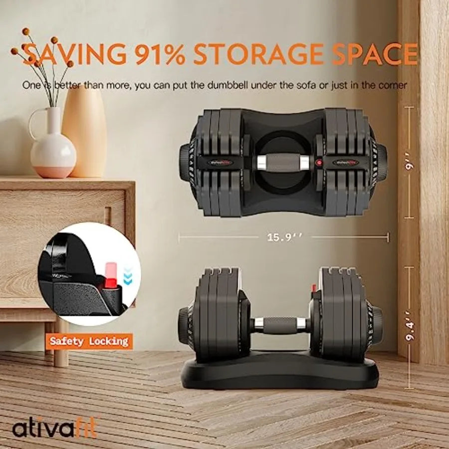 Adjustable Dumbbells Set of 2, 88LB Quick Adjust Free Weights with Double Safety Lock Anti-Slip Steel Handle, Space Saving Home