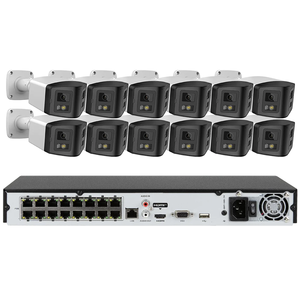 16ch POE NVR Dual-Lens Security Camera 180° Panorama Turret Color Night Vision Human/Vehicle IP67 H.265 Surveillance 2 Way Voice
